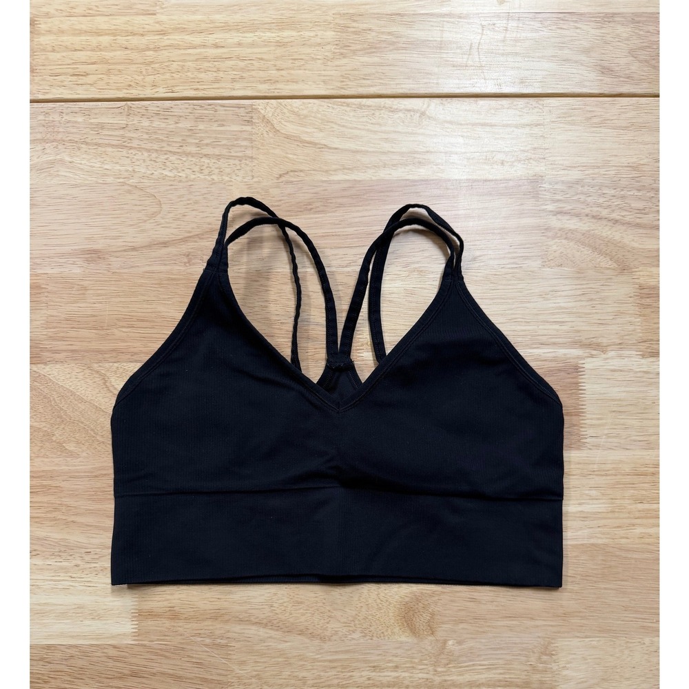 DSG Women's Strappy Sports Bra Black Ribbed V-Neck Racerback Athleisure L